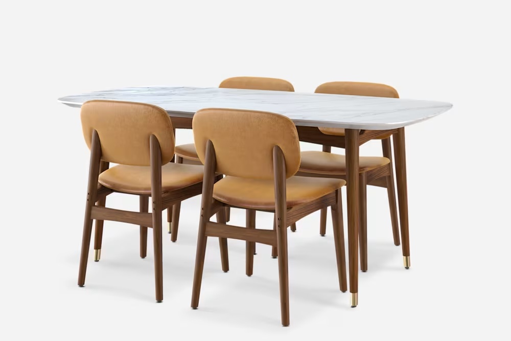 Kelsey Marble Dining Table with 4 Leather Chairs, Walnut Stain 