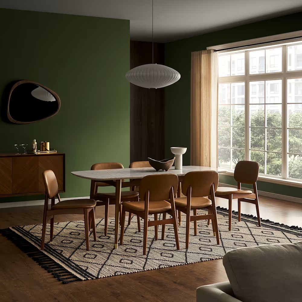 Kelsey Marble Dining Table with 4 Leather Chairs, Walnut Stain