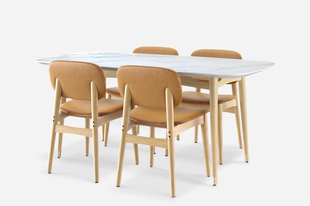 Kelsey Marble Dining Table with 4 Leather Chairs, White Wash 