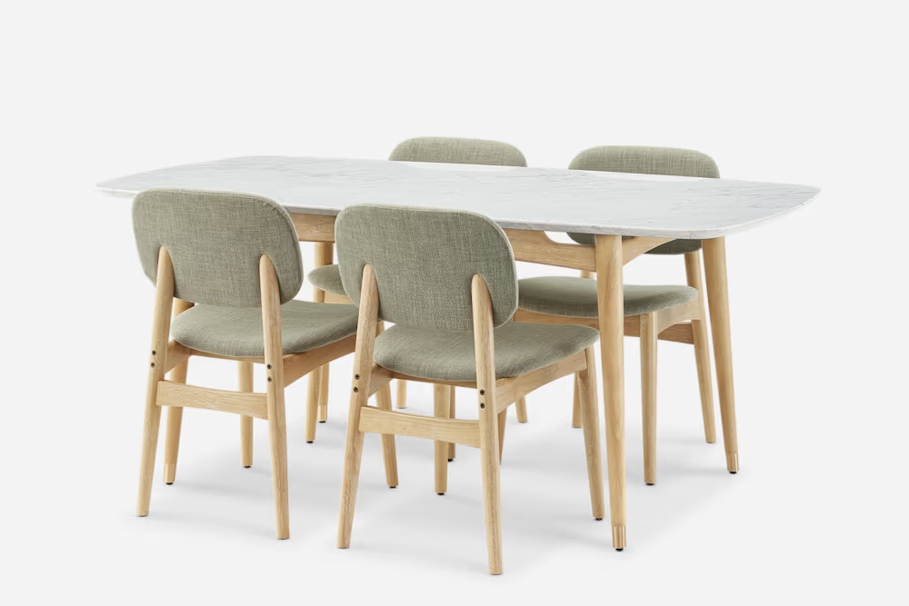 Kelsey Marble Dining Table with 4 Chairs, White Wash 