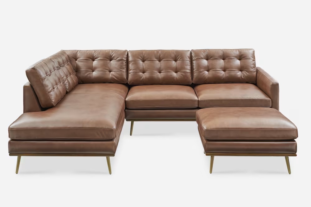 Isaac Leather Bumper Chaise Sectional Sofa with Ottoman 