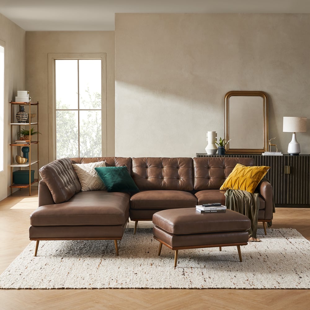 Isaac Leather Bumper Chaise Sectional Sofa with Ottoman