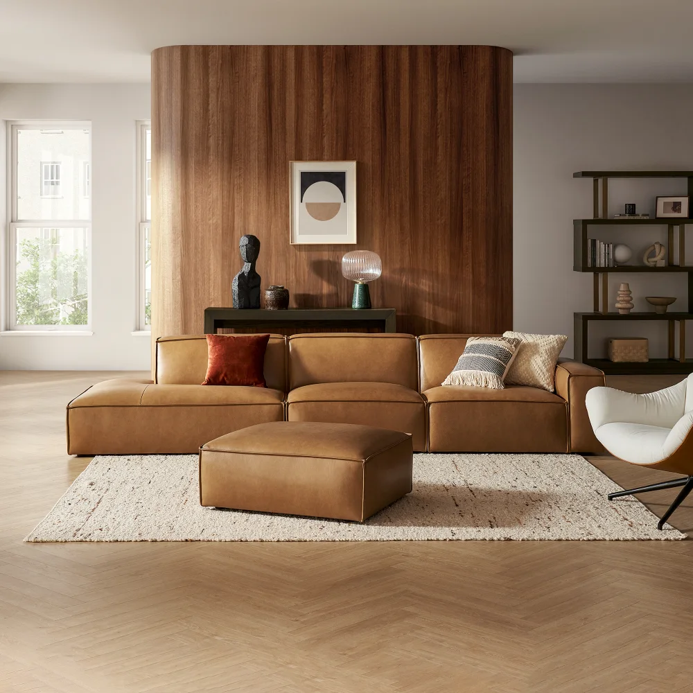 Jonathan Leather Extended Side Chaise Sofa with Ottoman