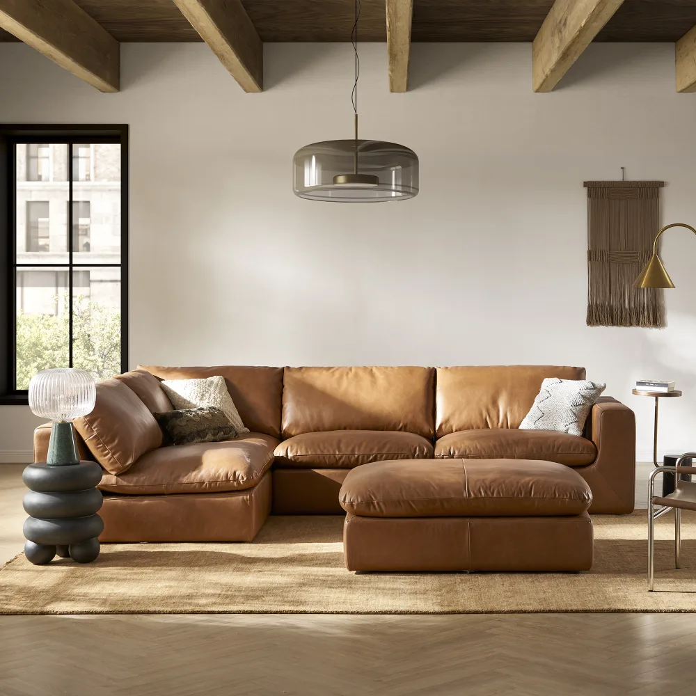 Dawson Leather Chaise Sectional Sofa with Ottoman