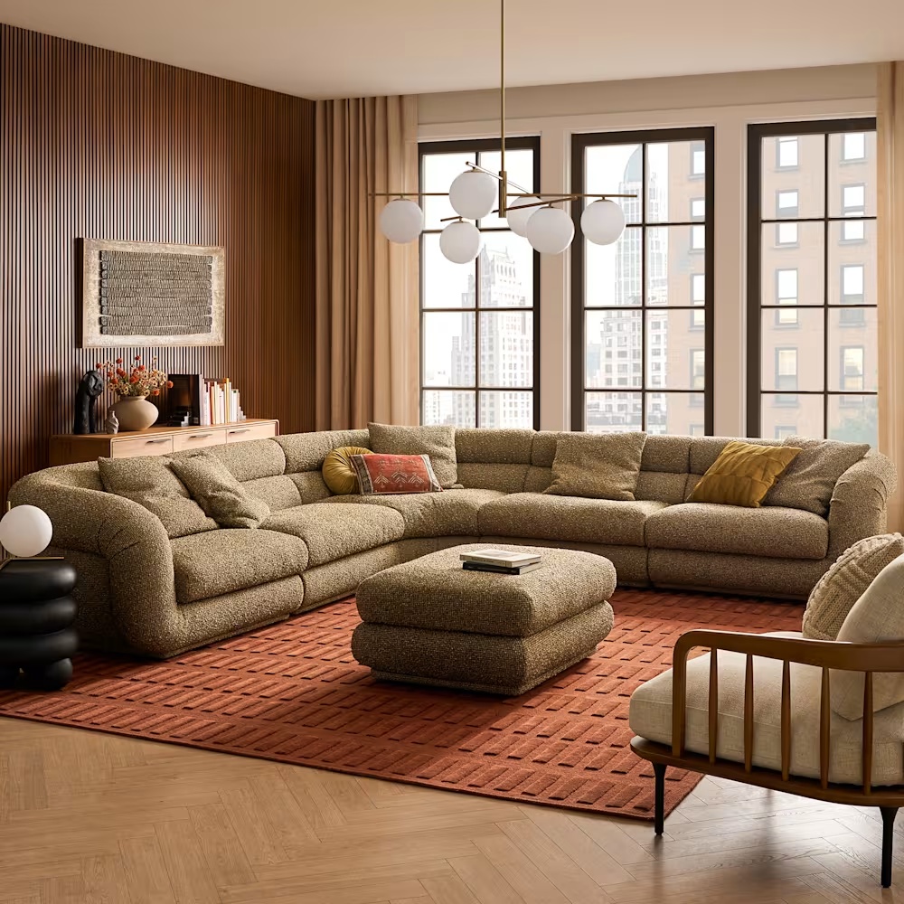 Solari Performance Fabric L-Shaped Sectional Sofa with Ottoman