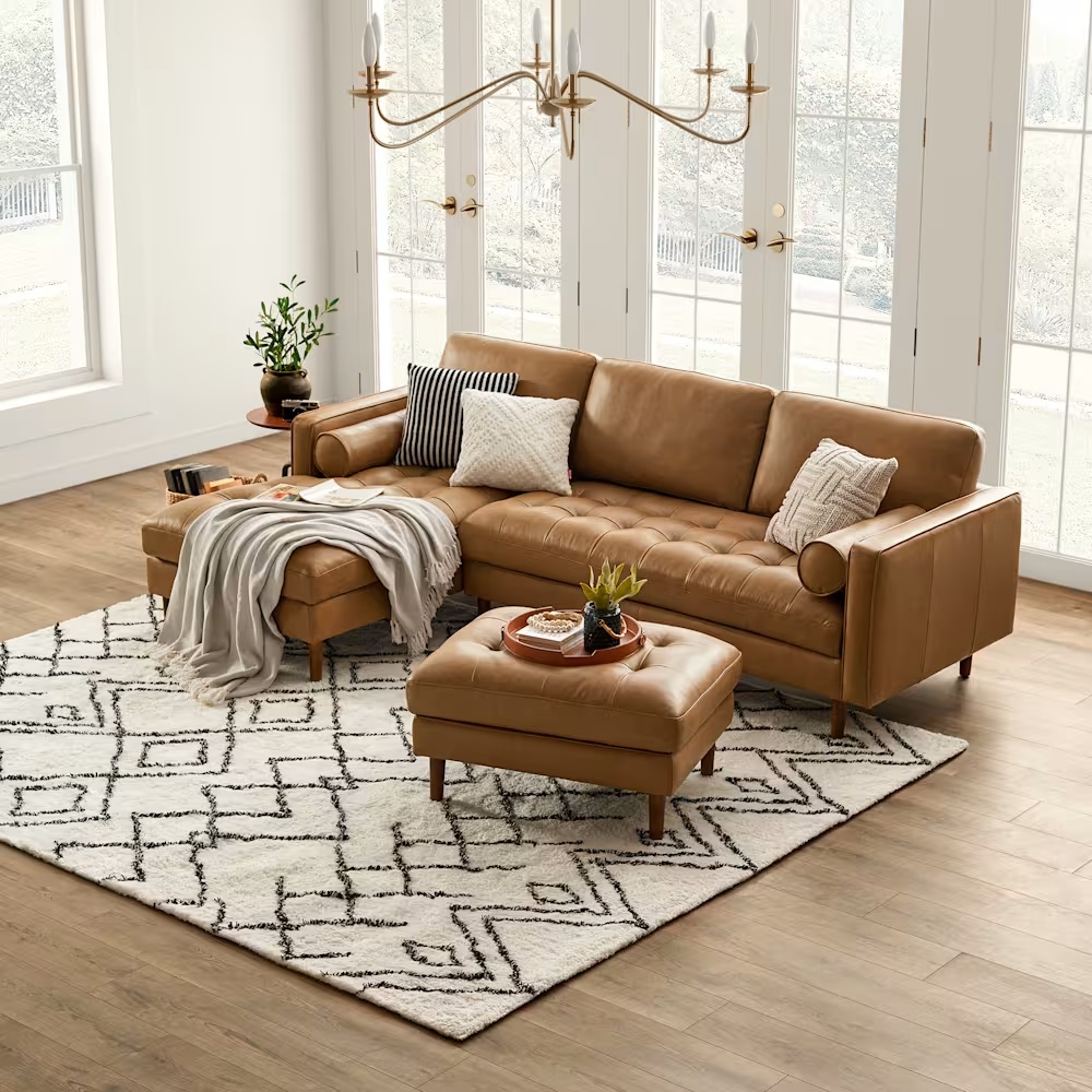 Madison Leather Chaise Sectional Sofa with Ottoman