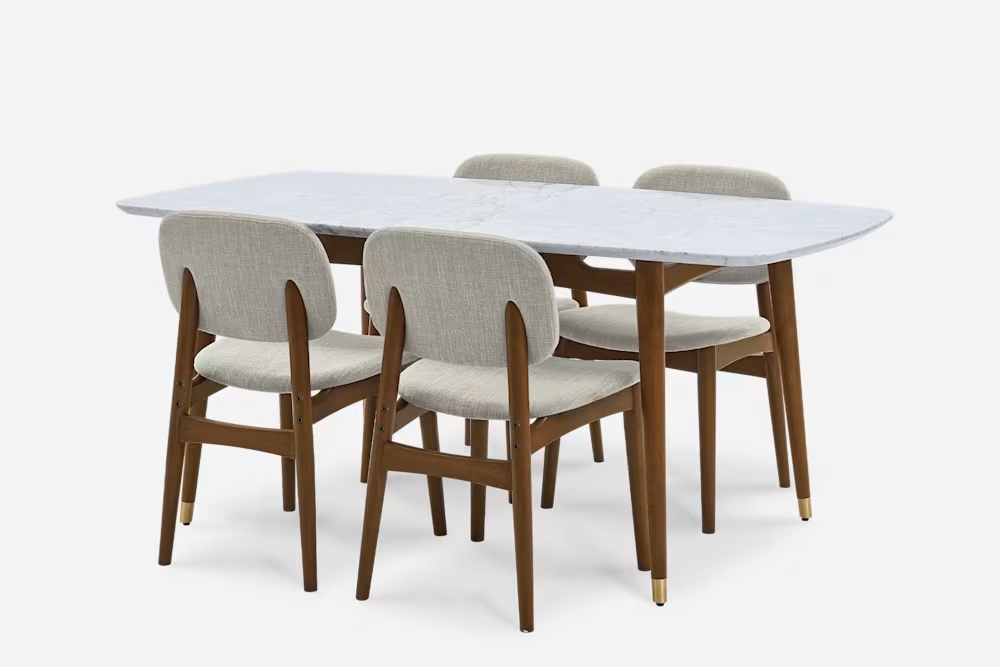 Kelsey Marble Dining Table with 4 Chairs, Walnut Stain 